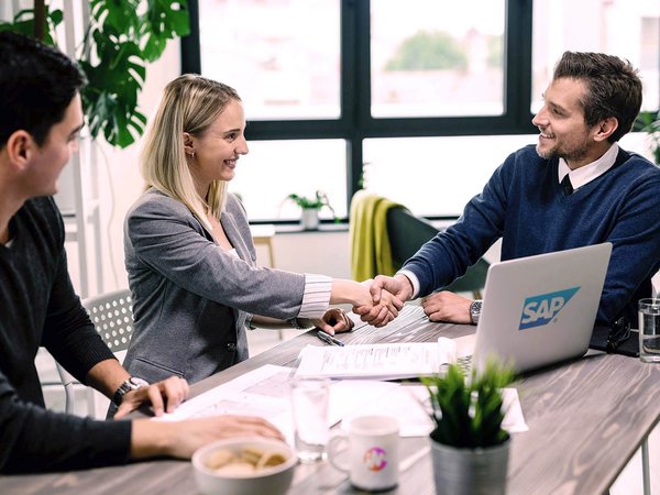 Frau schüttelt Mann Hand, Büro